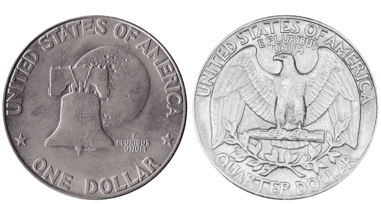 The image is a close-up view of the reverse side of a U.S. coin. The visible part of the coin includes the words "UNITED STATES OF AMERICA" around the top edge. Below the text, the Liberty Bell is prominently featured in the center of the design. Behind the Liberty Bell, there is an impression of the moon with various craters, symbolizing the Apollo 11 mission. The combination of the Liberty Bell and the moon represents the Bicentennial celebration, blending American independence and the space achievement. This coin is likely part of the 1976 Bicentennial series.
